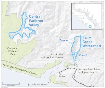 A map highlights two small areas outlined in blue that will be protected from old-growth logging on the West Coast of Vancouver Island.