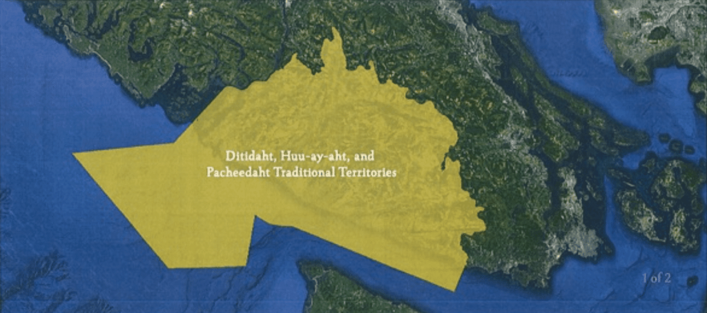 A map shows a broad area on the South West end of Vancouver Island that belongs to Ditidaht, Huu-ay-aht and Pacheedaht people.