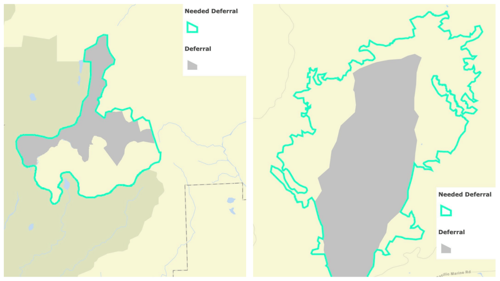 Two maps posted to the Fairy Creek Blockade Facebook page outline the "needed deferrals" in green around existing deferrals in grey