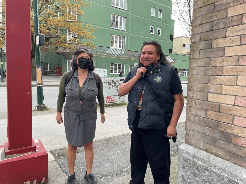 Columpa Bobb and Sam Bob on the sidewalk outside of the Firehall Arts Centre after their performance in White Noise, by Taran Kootenhayoo.