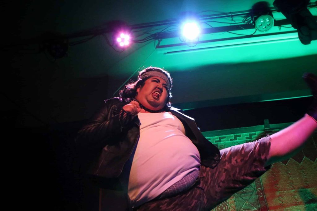 Rez Daddy, also known as Madeline Terbasket, performs a drag act at Penticton’s Dream Cafe on syilx territory on June 4 during the kick off of the South Okanagan Similkameen Pride Society’s month-long Pride celebrations. Photo by Aaron Hemens