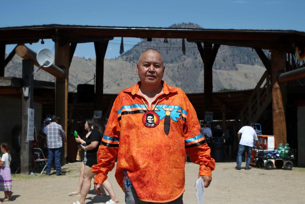 Kukpi7 (Chief) Doug Thomas of Splatsin First Nation outside the grounds of the 41st Kamloopa Powwow in Tk’emlúps (Kamloops) in Secwépemc homelands on July 30. Photo by Aaron Hemens