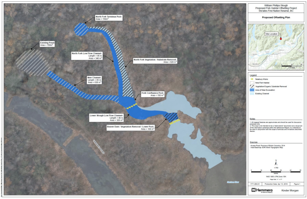 A map of the salmon spawning areas, and TMX construction sites for TMX's Kw’ikw’iya:la River crossing