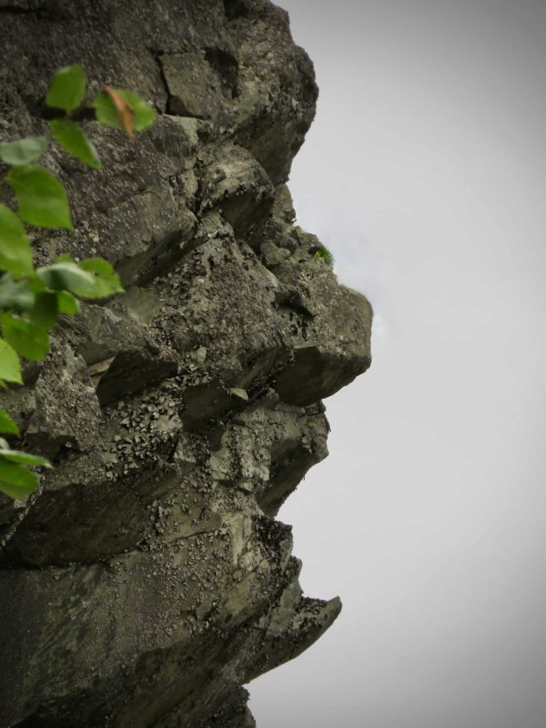 Surface of rock face along road looks like profile of an Indigenous person.