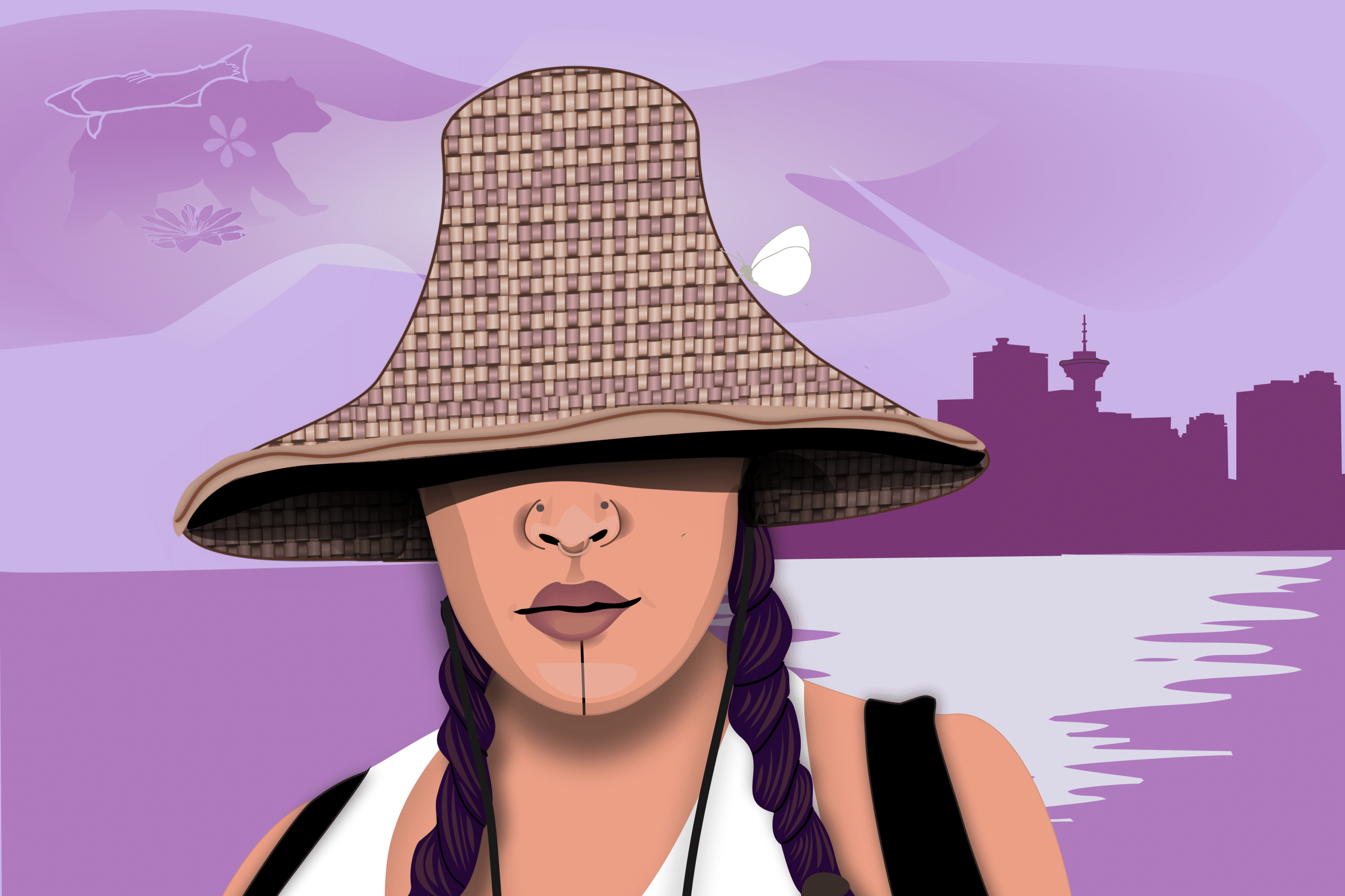 A digital image shows a syilx woman in a cedar hat in front of a purple background