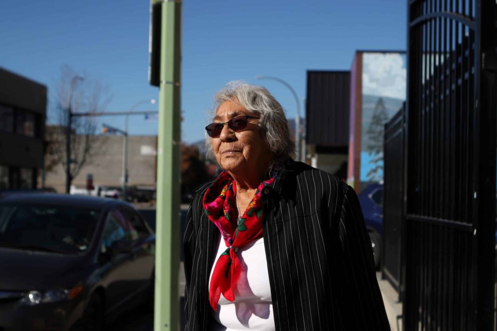 Tahti Nipin Piyasis Nahkotah, Dorothy Goodeye, stands outside of the Ki-Low-Na Friendship Society in kiʔlawnaʔ (Kelowna) on Oct. 13. Photo by Aaron Hemens