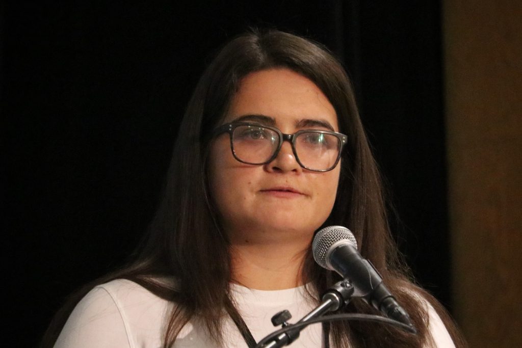 Tessa Terbasket of Lower Similkameen Indian Band speaks during a presentation at the 2022 nk’mip (Osoyoos Lake) Water Science Forum at the Sonora Community Centre on Oct. 28. Photo by Aaron Hemens