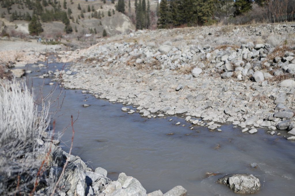The cloudy waterway of nluxʷluxʷɬcwix (Trout Creek), downstream from its restoration site in the district of “Summerland” in syilx homelands on March 22. Photo by Aaron Hemens
