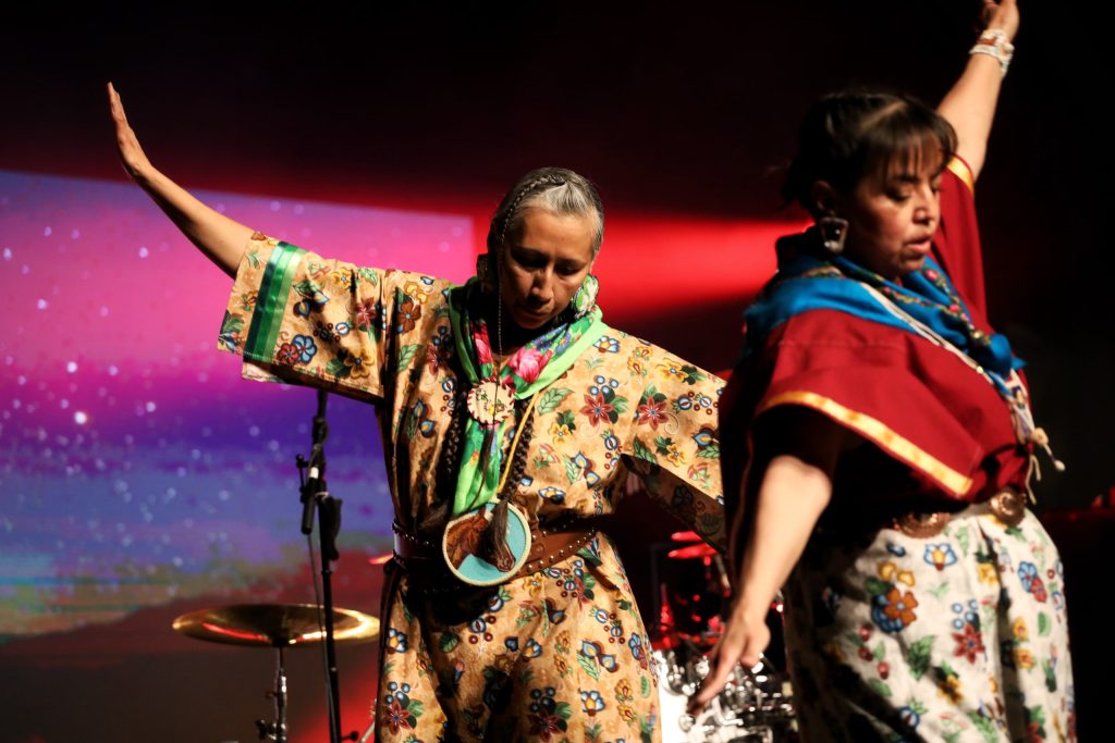 Members of the The Sqilx Dancers perform at the 2023 skəlɣap Movable Feast show in snpintktn (Penticton) in syilx homelands on March 29. Photo by Aaron Hemens