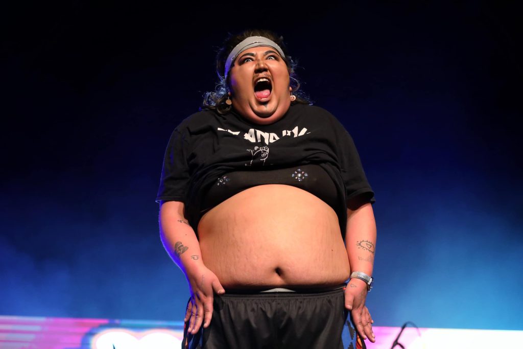 Madeline Terbasket as Rez Daddy at the 2023 skəlɣap Movable Feast show in snpintktn (Penticton) in syilx homelands on March 29. Photo by Aaron Hemens