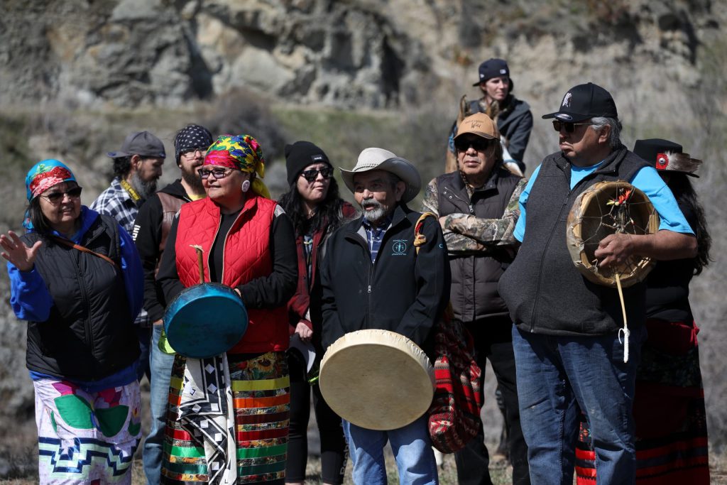 syilx community members and Elders who had organized an informational roadblock near the site of the 71-acre land theft in 1974 were honoured during the Osoyoos Indian Band’s celebration on April 14 of a reclaimed one acre of that original reserve land. Photo by Aaron Hemens