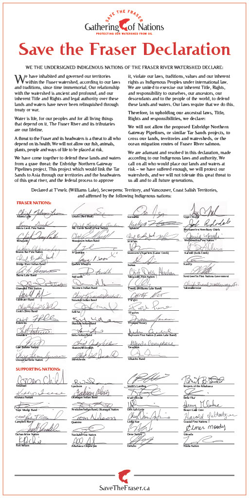 The Save The Fraser Declaration from 2010, which was signed by by more than 40 Indigenous nations in the Fraser River Watershed. (Source: SaveTheFraser.ca via KAIROS Canada)