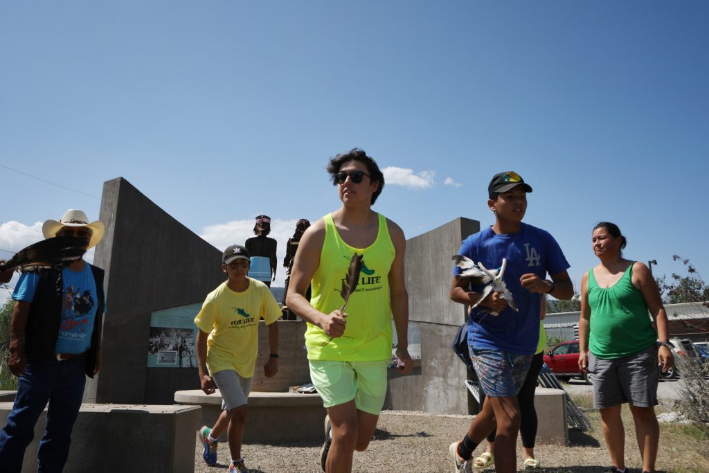 Runners embark from the Syilx Nation Indian Residential School Monument in snpintktn (Penticton) on June 1, kicking off the 2023 Spirit of Syilx Unity Run. Photo by Aaron Hemens