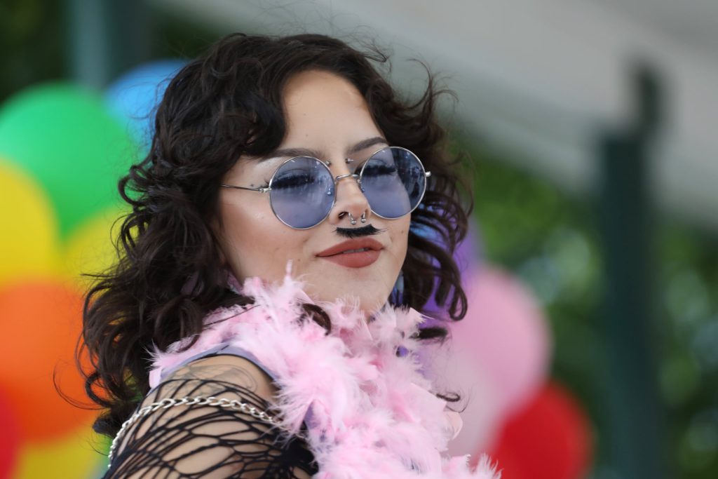 Taylor Lezard from the Penticton Indian Band (PIB) participates in the Next Rez Drag Superstar competition that was hosted by Lower Similkameen Indian Band (LSIB) during their third annual Pride carnival in niʔxʷinaʔ (Keremeos) on June 16. Photo by Aaron Hemens