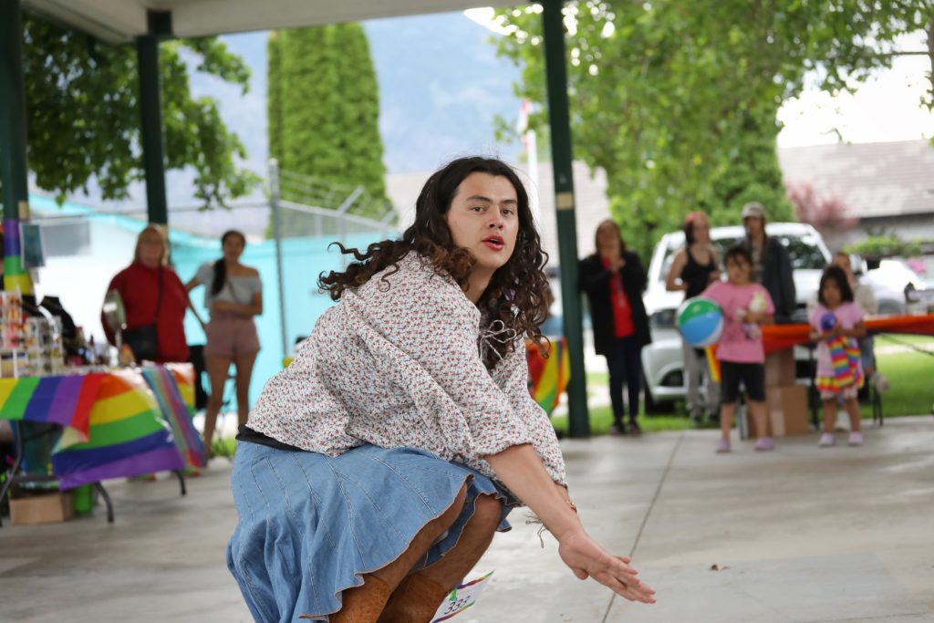 Letkwu Yusn Moore Stanger, who is Okanogan, San Poil and Wenatchi, Moses-Columbia from Colville Tribes, participates in the Next Rez Drag Superstar competition that was hosted by Lower Similkameen Indian Band (LSIB) during their third annual Pride carnival in niʔxʷinaʔ (Keremeos) on June 16. Photo by Aaron Hemens