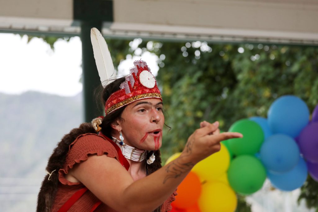 Aiyana Reid, who is Cowlitz, Klickitat and Taitnapam, participates in the Next Rez Drag Superstar competition that was hosted by Lower Similkameen Indian Band (LSIB) during their third annual Pride carnival in niʔxʷinaʔ (Keremeos) on June 16. Photo by Aaron Hemens
