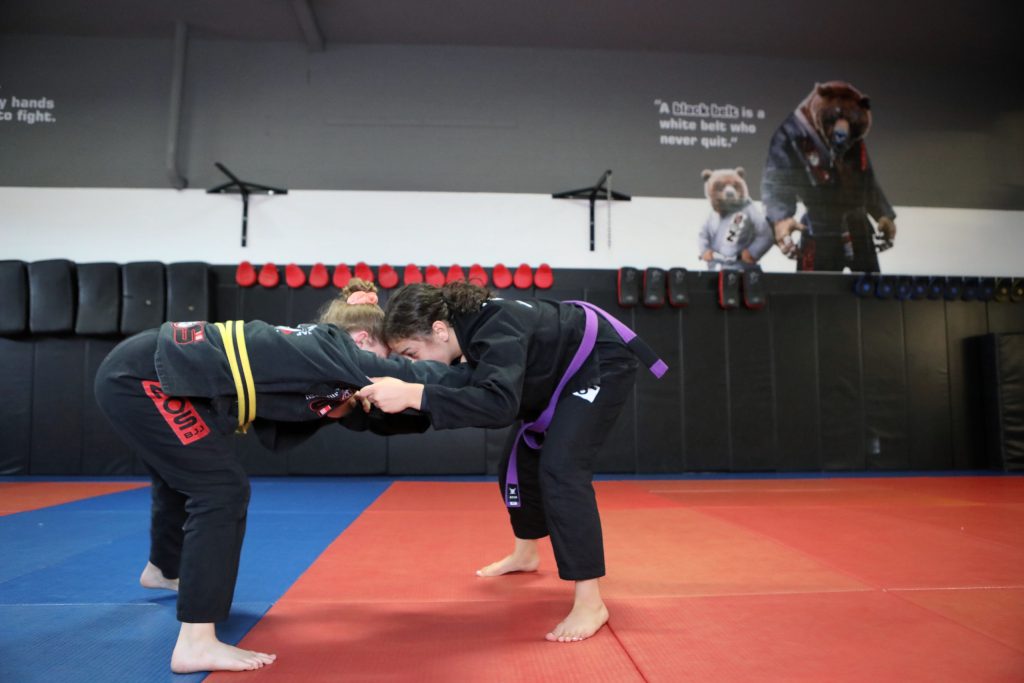 Lillian Marchand trains with one of her students, Taylor Vanderwal, at the North Okanagan-Shuswap (NOS) Jiu Jitsu and Mixed Martial Arts club in syilx homelands on June 28. Photo by Aaron Hemens