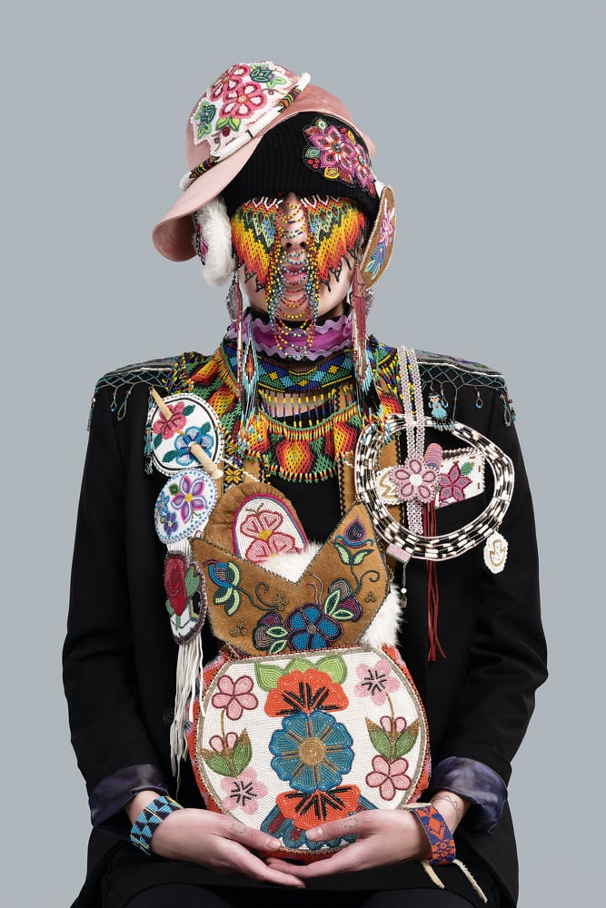 Headdress–Jeneen by Dana Claxton, featured in Jeffrey Gibson’s An Indigenous Present. Photo provided by the artist
