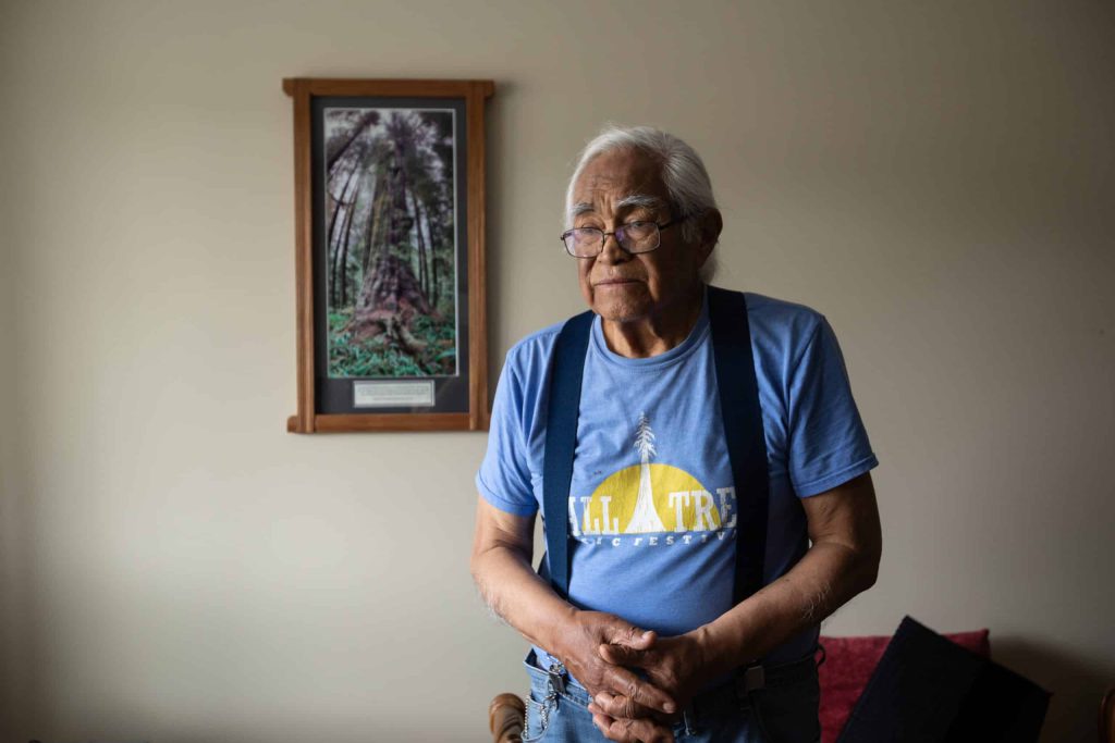 Pacheedaht Elder Bill Jones gestures while talking about the old growth he advocates for, at his home in T'Sou-ke and Scia'new homelands in “Sooke” on “Vancouver Island” on Aug. 6, 2023. Elder Bill has been vocal in his support for both the forest and the land defenders who have been protesting and blockading old growth logging. Photo by Amber Bracken
