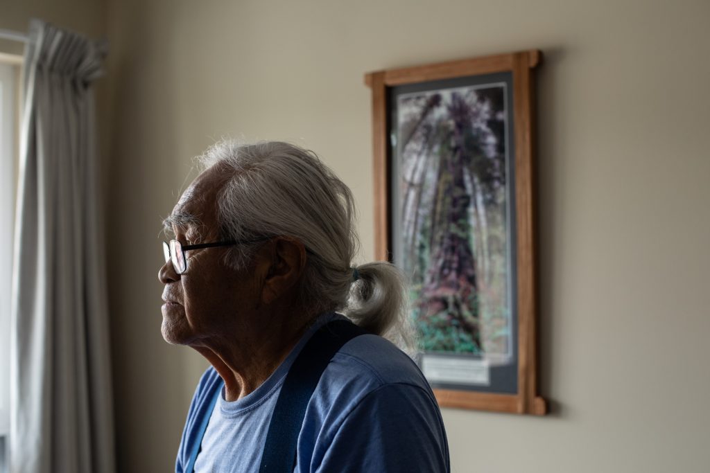 Pacheedaht Elder Bill Jones pictured at his home in T'Sou-ke and Scia'new homelands in “Sooke” on “Vancouver Island” on Aug. 6, 2023. Elder Bill has been vocal in his support for both the forest and the land defenders who have been protesting and blockading old growth logging. Photo by Amber Bracken