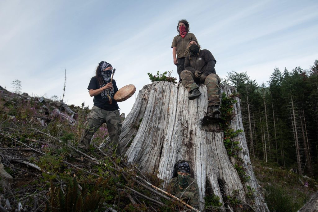 Land defenders visit a cut block above Savage Patch camp in Pacheedaht territory near “Port Renfrew” on “Vancouver Island” on Aug. 7, 2023. Advocates estimate the stump is from a 400 to 600 year old tree. Photo by Amber Bracken