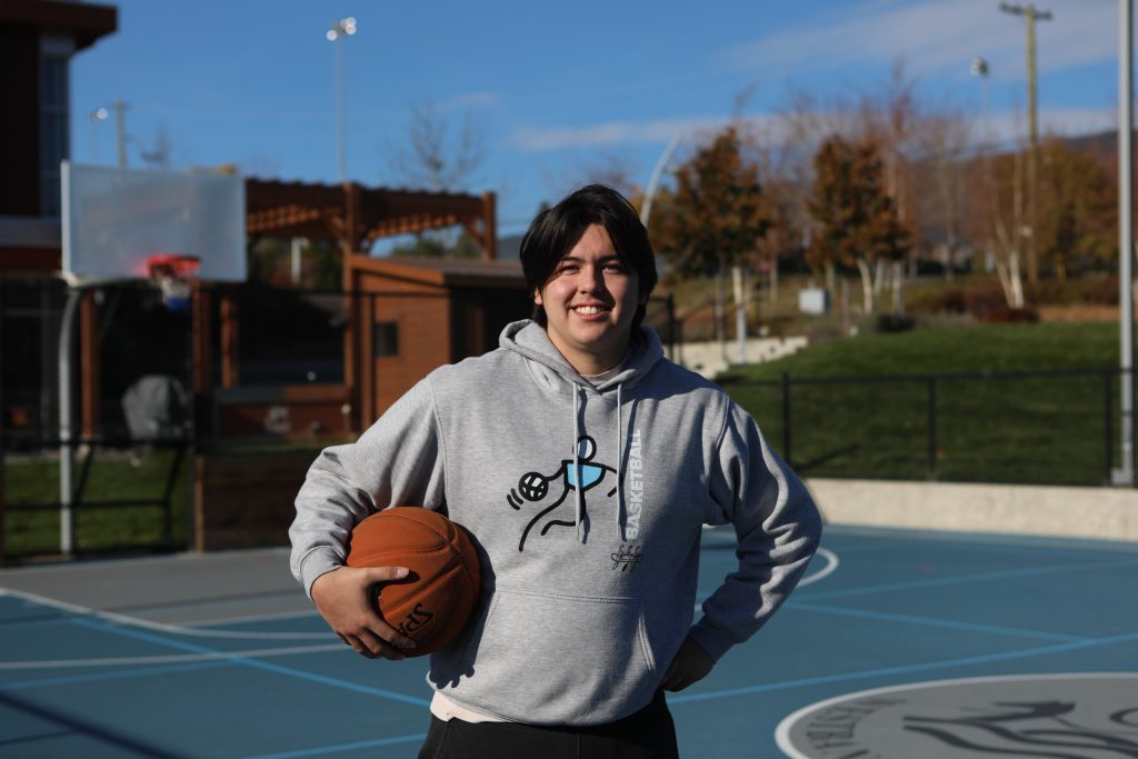 sk’ik’aycin Peter Waardenburg Jr., an 18-year-old syilx Youth from the Lower Similkameen Indian Band, pictured at Westbank First Nation’s (WFN) basketball court on Nov. 3. Photo by Aaron Hemens