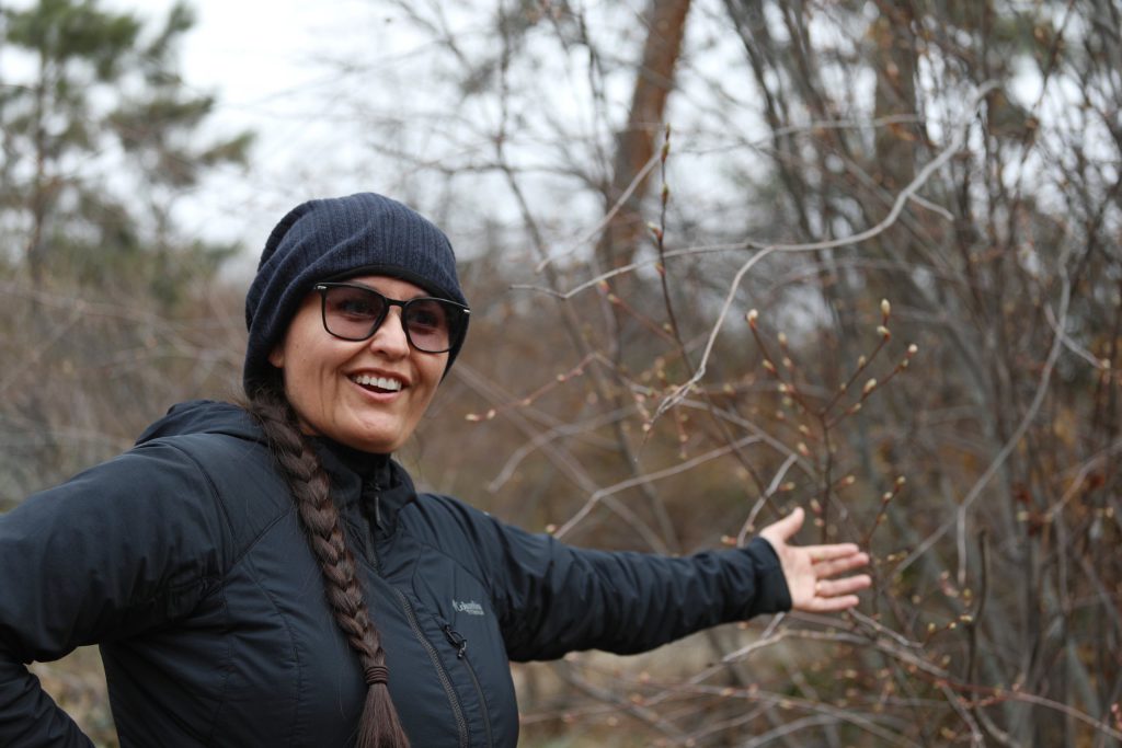 sknir̓mn (Buttercup) Anona Kampe shares syilx Okanagan cultural history of síyaʔ (Saskatoon berry) during a community tour of “Summerland’s” Ornamental Gardens in her homelands on March 22. Photo by Aaron Hemens