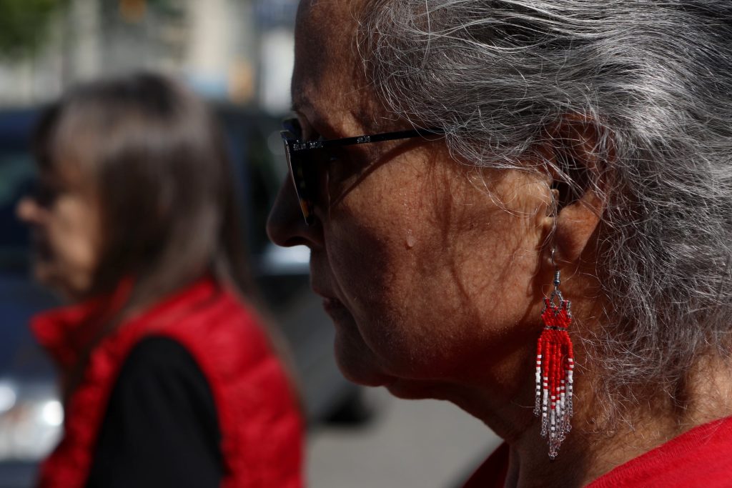 Drummers are pictured during a rally denouncing violence against women outside of Kamloops Courts in Secwepemcúl'ecw on June 20. Photo by Aaron Hemens