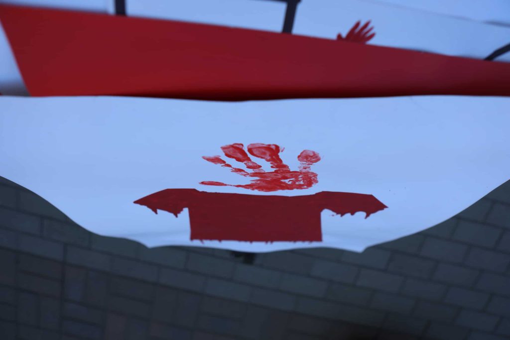 Signage honouring Missing and Murdered Indigenous women are placed outside of Kamloops Courts in Secwepemcúl'ecw on June 20. Photo by Aaron Hemens