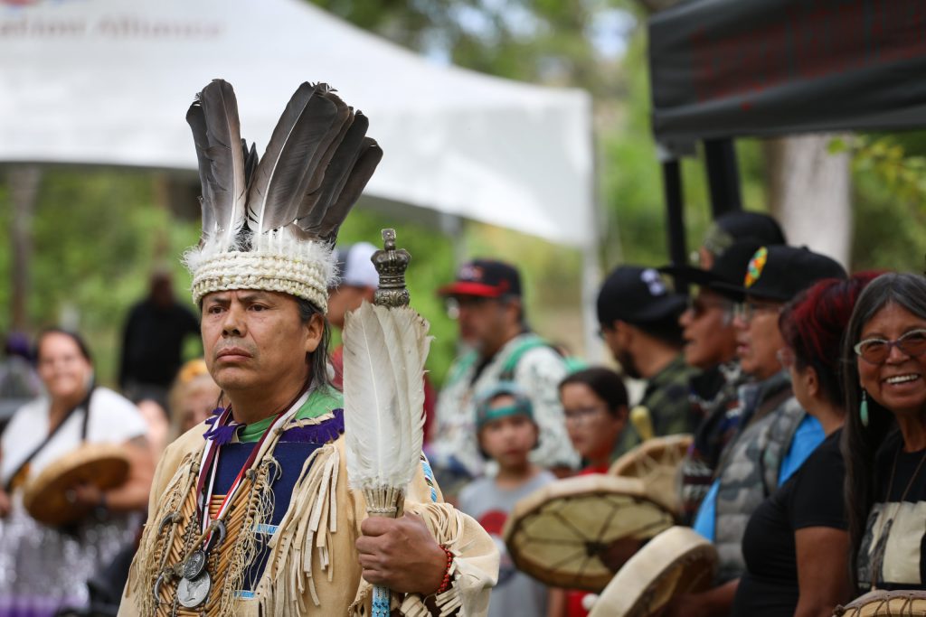 skwelcampt, from syilx and Secwépemc Nations, is pictured at a salmon feast and celebration at sx̌ʷəx̌ʷnitkʷ (Okanagan Falls) on Sept. 22. Photo by Aaron Hemens