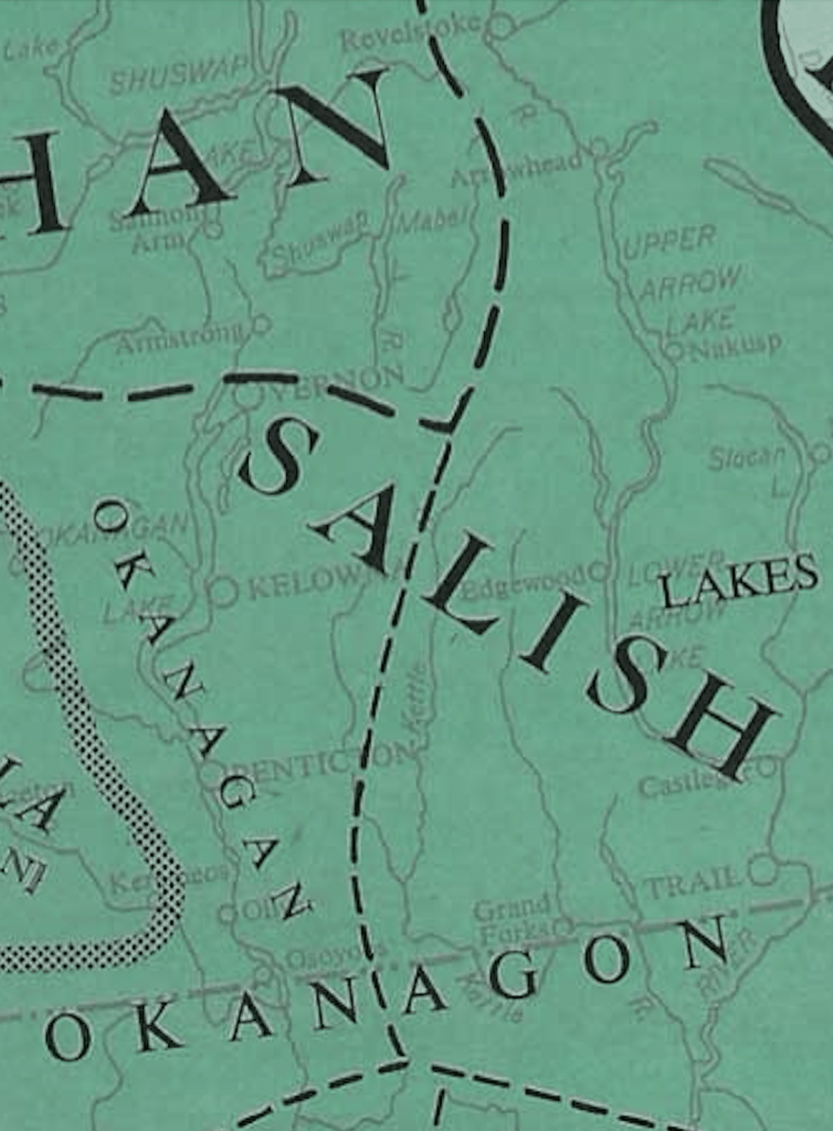 A closeup of a 1956 atlas created by the British Columbia Natural Resources Conference, with its caption noting the Okanagan (syilx) and the Lakes (Sinixt) boundary as it existed in 1850. Source: Sinixt.com