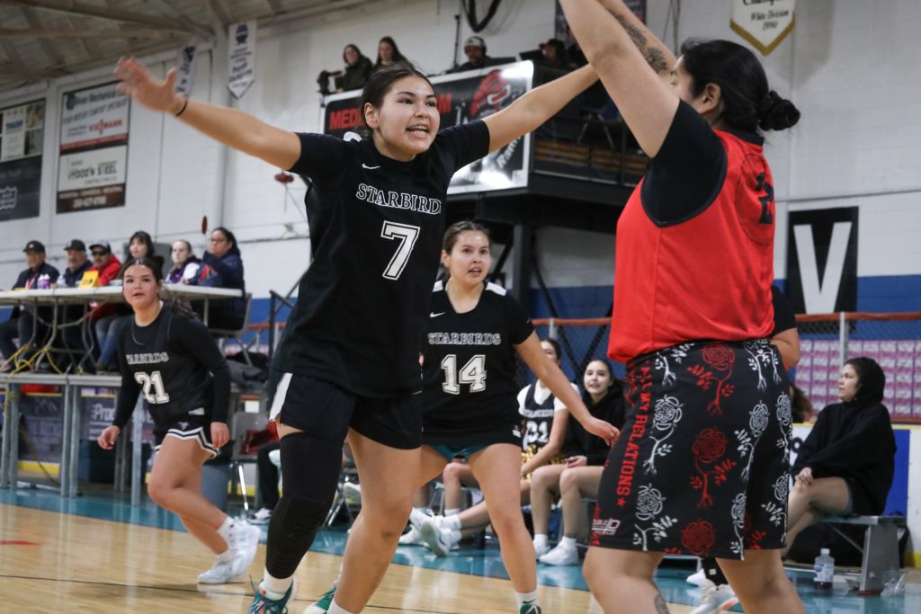 Similkameen Starbirds' player Lanae Arcand plays pressure defence against Vancouver All My Relations during their game on Feb. 13, for the 65th annual All Native Basketball Tournament. Photo by Aaron Hemens
