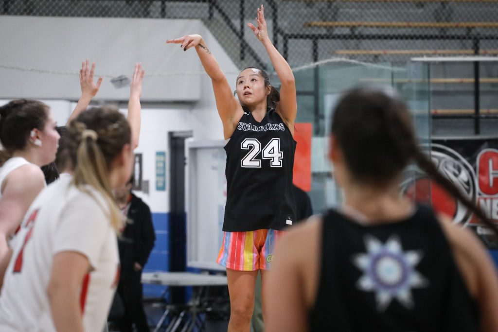 Jade Montgomery-Waardenburg of the Similkameen Starbirds shoots a jump shot during a game against the Hazelton Mystics on Feb. 13, during the 65th annual All Native Basketball Tournament. Photo by Aaron Hemens