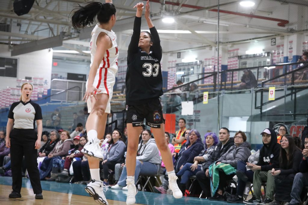 Jasmine Montgomery Reid of the Similkameen Starbirds shoots a jump shot during a game against the Hazelton Mystics on Feb. 13, during the 65th annual All Native Basketball Tournament. Photo by Aaron Hemens