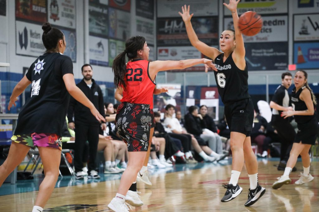 Similkameen Starbirds' guard Reiley Terbasket plays pressure defence against Vancouver All My Relations during their game on Feb. 13, for the 65th annual All Native Basketball Tournament. Photo by Aaron Hemens
