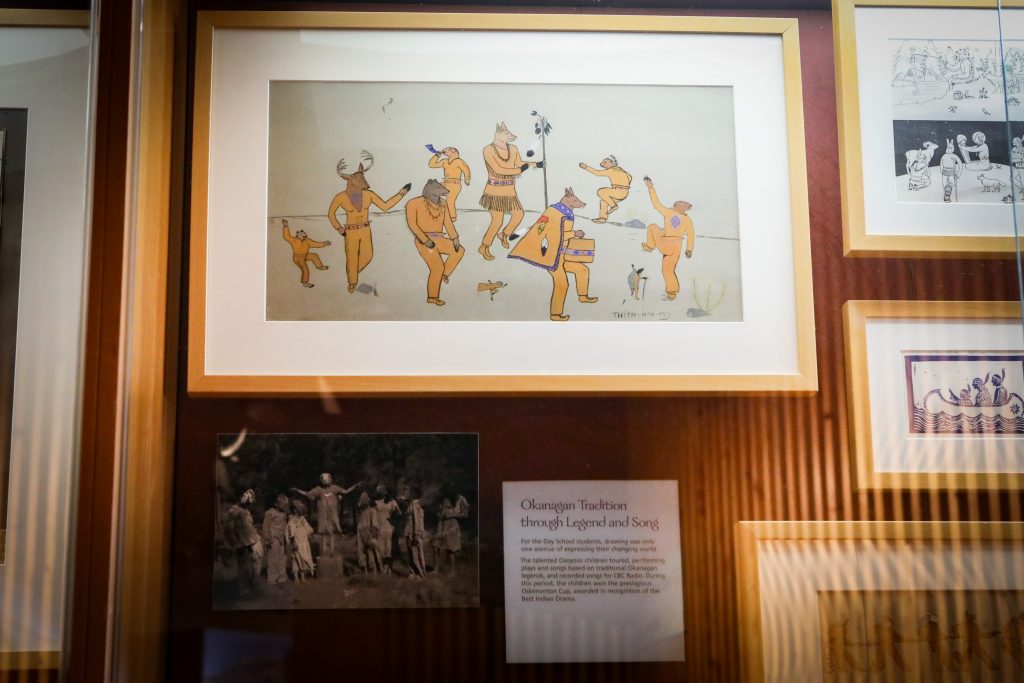 An Animal People drawing by Thi-tha-Kay Johnnie Stelkia, which was made sometime around the 1930s and 1940s when he was a student at the Inkameep Day School, displayed at the Nk'Mip Desert Cultural Centre on Aug. 20. At the end of the centre's Whispers of the Trickster film, At the end of the film, Stelkia’s drawings are blown-up to life-size figures on screen. Photo by Aaron Hemens