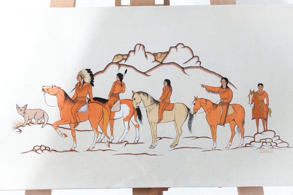 A painting by sis-hu-lk Francis Jim Baptiste, made sometime between 1938 to 1942, was repatriated to the community just days before Whispers of Trickster was screened on Aug. 18. Photo by Aaron Hemens