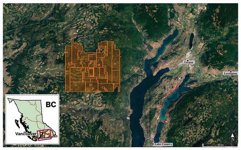 A satellite map shows the 20,000-hectare area being explored for a potential gold mine west of ‘Vernon, B.C.’ Graphic courtesy of Ximen Mining