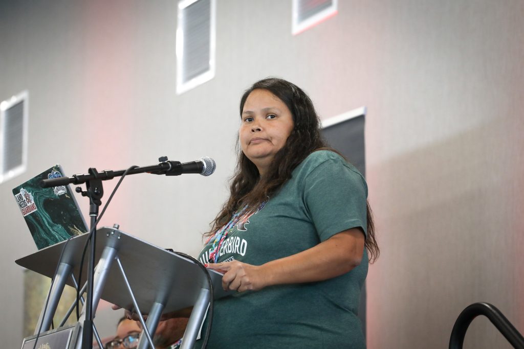 Charlene (Char) John, chair of the Thunderbird Collective’s steering committee, speaks at the inaugural National Indigenous Fire Gathering in snpink’tn (Penticton) in syilx homelands on Sept. 23. Photo by Aaron Hemens