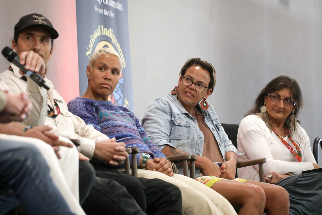 Rachael Cavanagh (second from right), a Minjungbal woman from the Bundjalung/Yugambeh Nation, journeyed from ‘Australia’ to syilx homelands, where she spoke at the National Indigenous Fire Gathering in snpink’tn (Penticton) on Sept. 23. Photo by Aaron Hemens