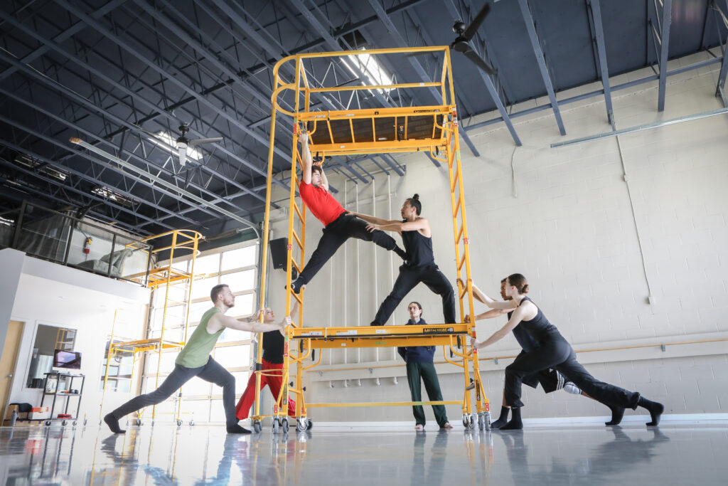 Cameron sinkʷə Fraser-Monroe (back), a Tla’amin Nation member and associate artist for Ballet Kelowna, directs dancers during an April 13 rehearsal in syilx homelands for his upcoming production of “Cikilaxʷm: Controlled Burn.” Photo by Aaron Hemens
