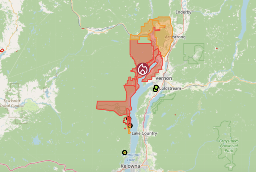 A map showing the Bradley Creek wildfire burning in the southern interior of B.C., from Aug. 5, 2026. Photo courtesy of B.C. Wildfire Service